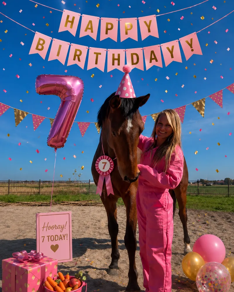 Outdoor Paddock Birthday Setup with Pink Foil Balloon and Polka Dot Birthday Pennants
