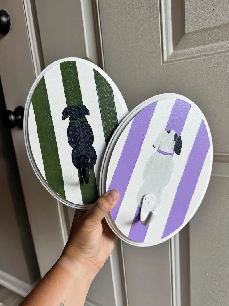 Oval Striped Wooden Plaques with Hand-Painted Dog Silhouettes and Tail Hooks