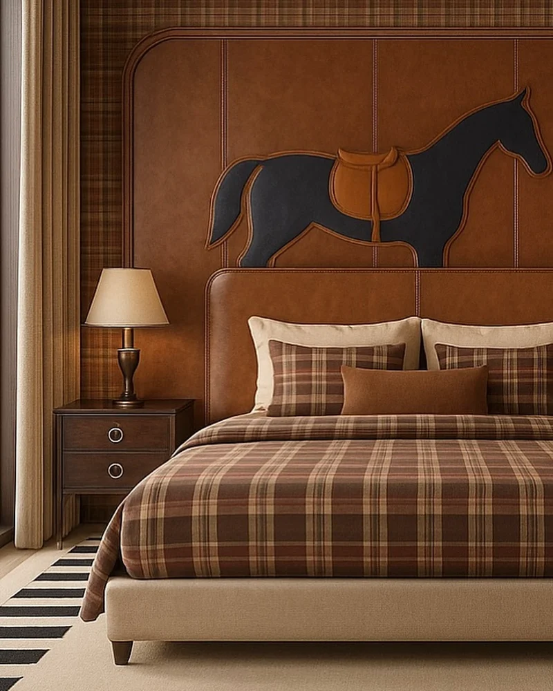 Oversized Leather Headboard Wall with Integrated Horse Silhouette and Plaid Linens