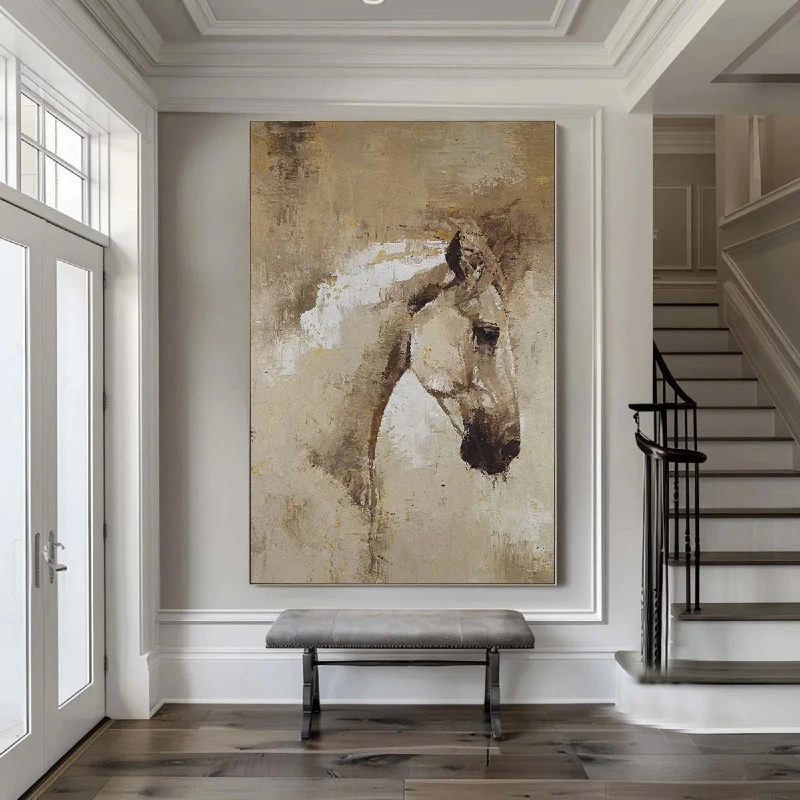 Oversized Textured Canvas Portrait with Neutral Tones in an Elegant Paneled Hallway