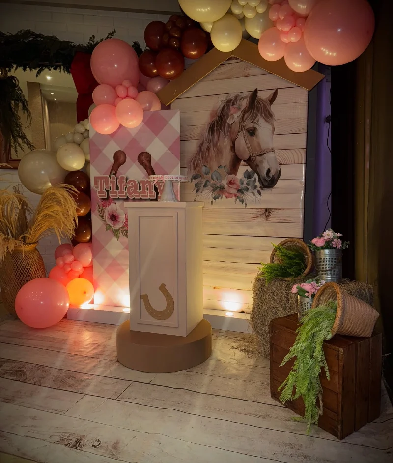 Pastel Floral Horse Backdrop with Pink Gingham Panel and Rustic Hay Bale Corner