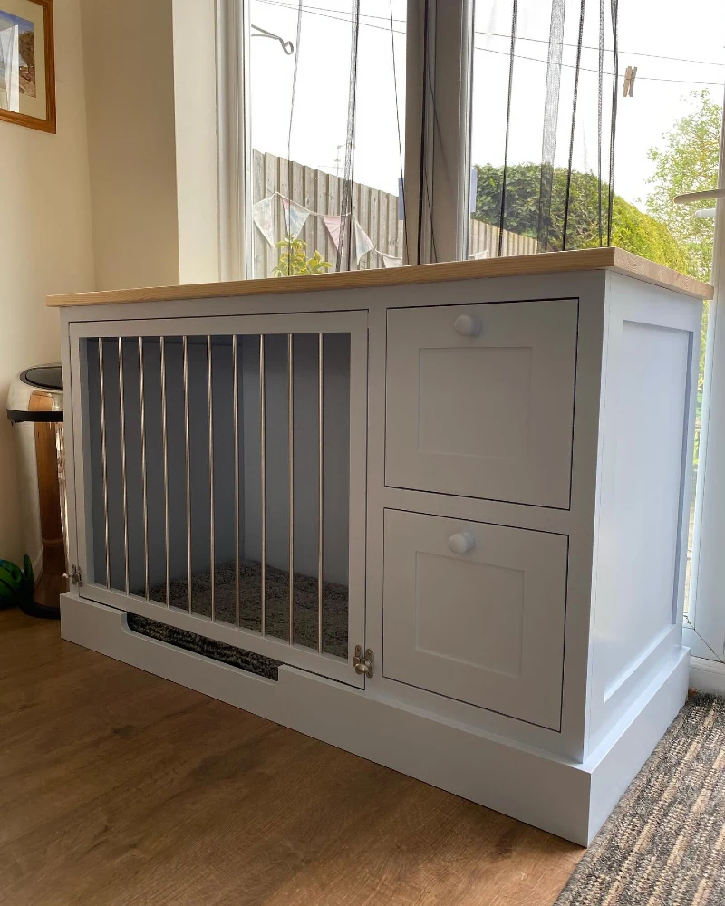 Pastel Gray Cabinet Crate with Slender Silver Bars and Integrated Storage Drawers