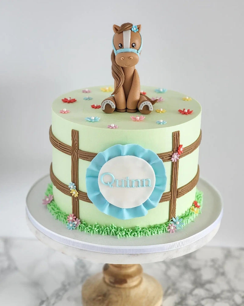 Pastel Mint Paddock Cake with Fondant Ribbon and Sitting Pony