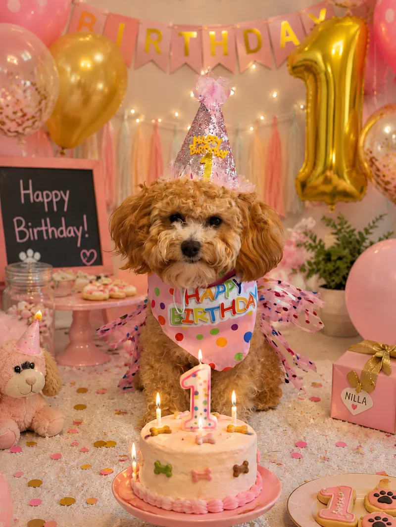 Pastel Pink Tutu Setup with Shimmering Tassel Garland, Chalkboard Sign, and Number One Birthday Cake
