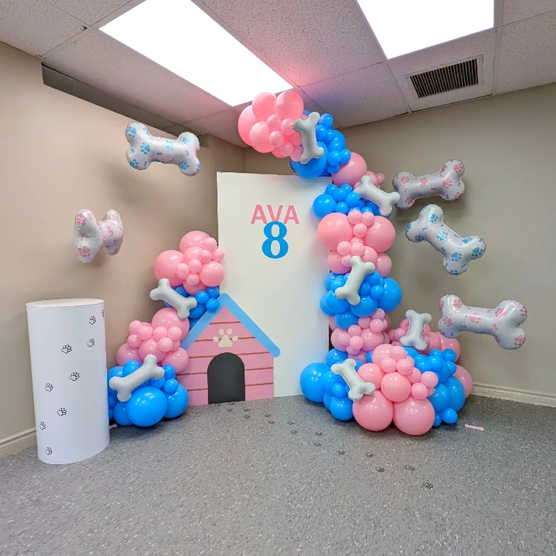 Pastel Pink and Blue Balloon Clusters with Doghouse Cutout and Floating Bone Balloons
