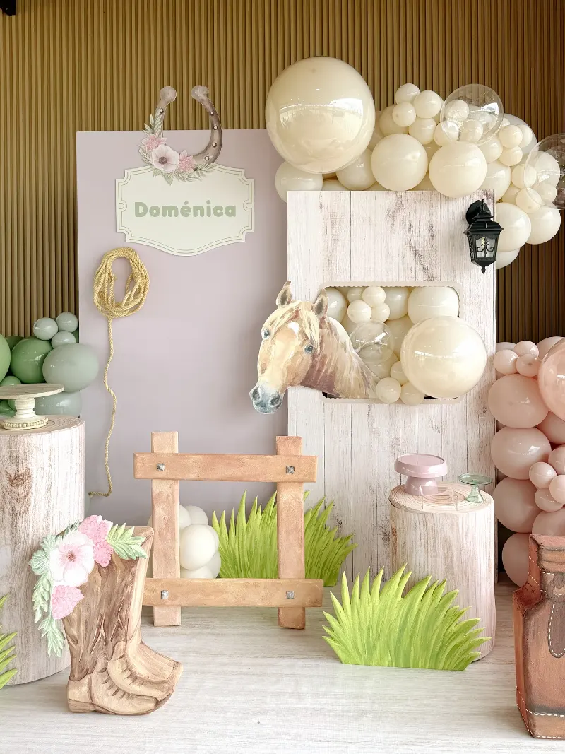Pastel Stable Stall Window with Faux Log Pedestals and Floral Cowboy Boot Cutout