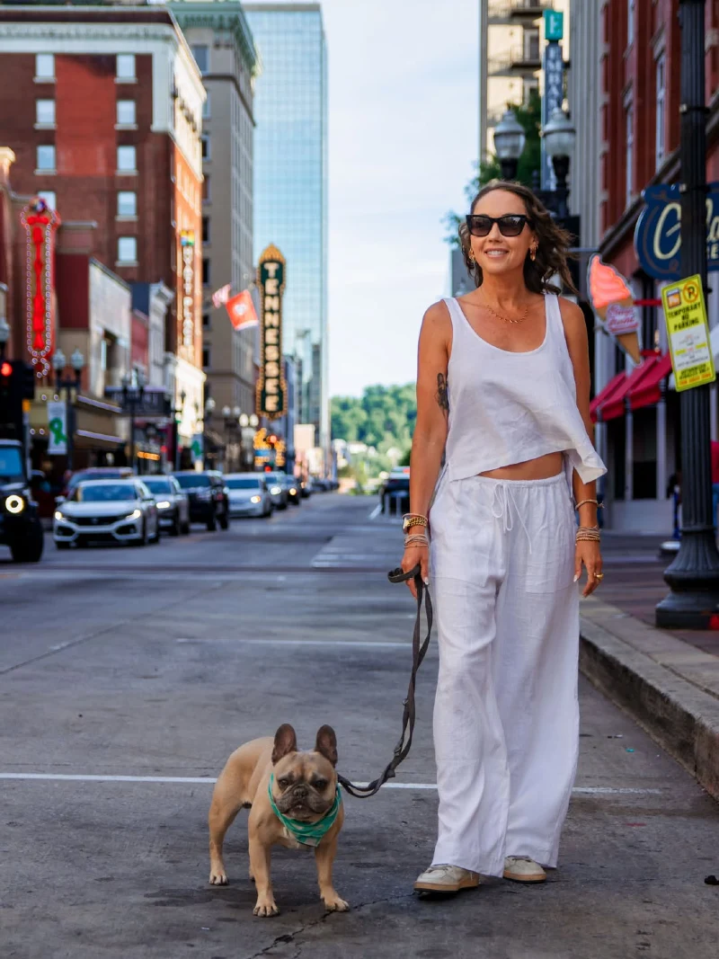 Patterned Bandana with White Linen Streetwear on a French Bulldog