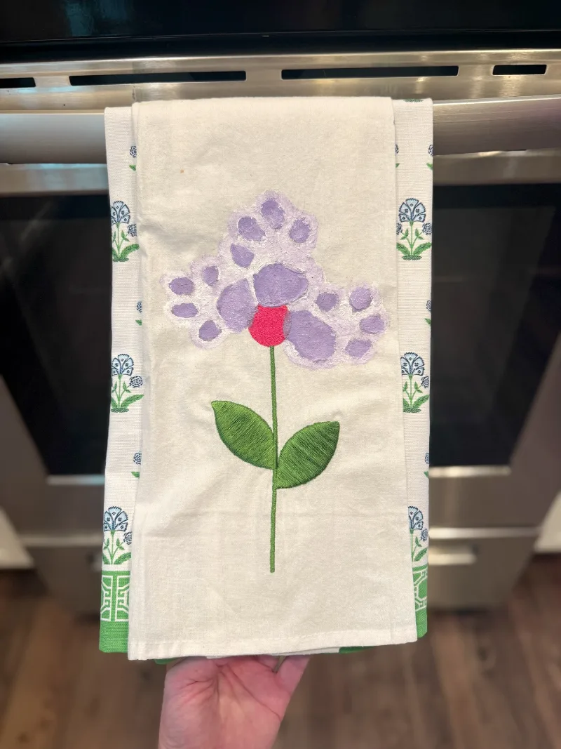 Paw Print Flower Embroidered Kitchen Hand Towel