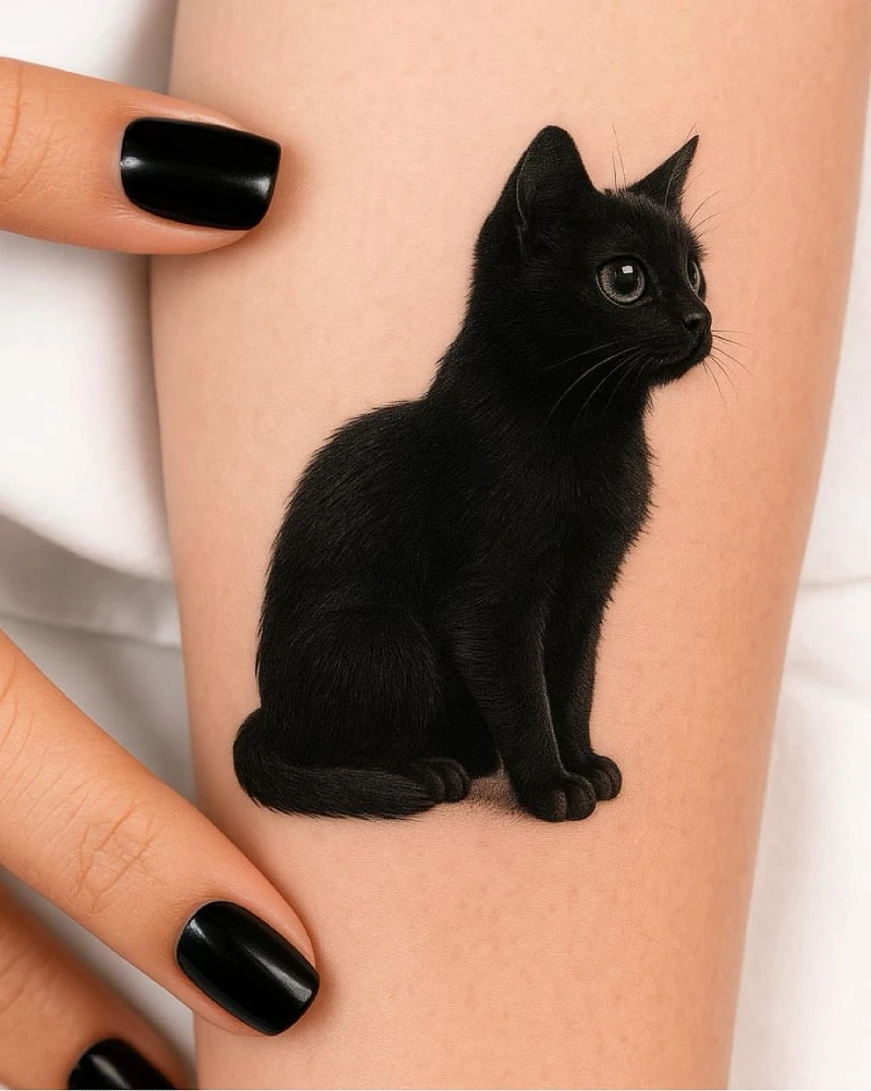 Photorealistic Sitting Black Kitten with Ultra-Fine Fur Details