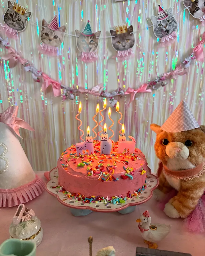 Pink Frosted Birthday Cake with Cat-Shaped Candles and Iridescent Fringe Backdrop