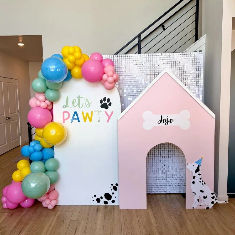Pink Playful Doghouse with Shimmer Wall and Rainbow Balloon Garland