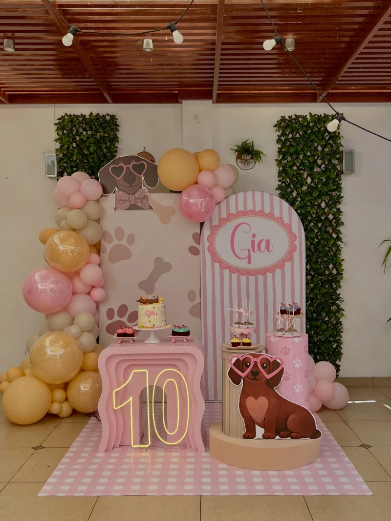 Pink Striped Arched Panels with Dachshund Cutouts and Glowing Neon Age Sign