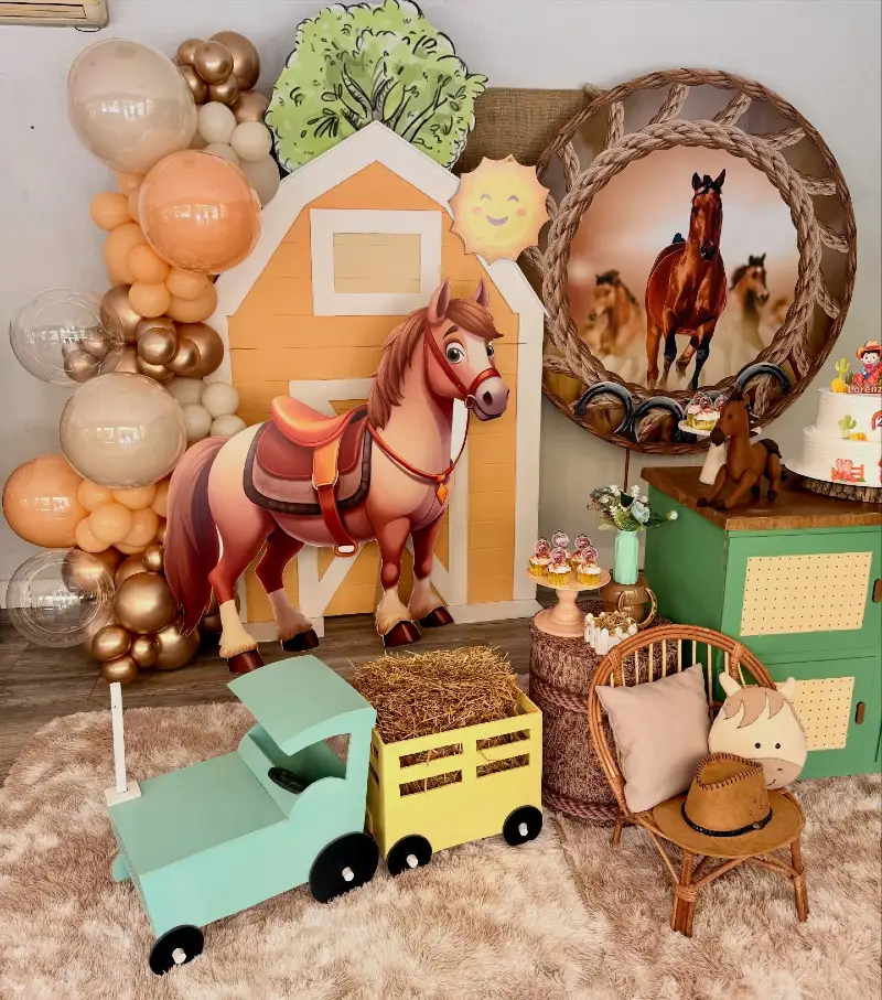 Playful Cartoon Barn Backdrop with Mint Green Toy Wagon and Rattan Kids Chair