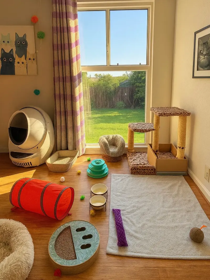 Playful Feline Activity Corner with Bright Red Tunnel and Leopard Print Tree