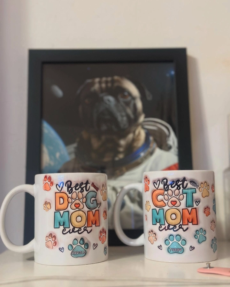 Playful Paw Print Dog and Cat Mom Mug Set