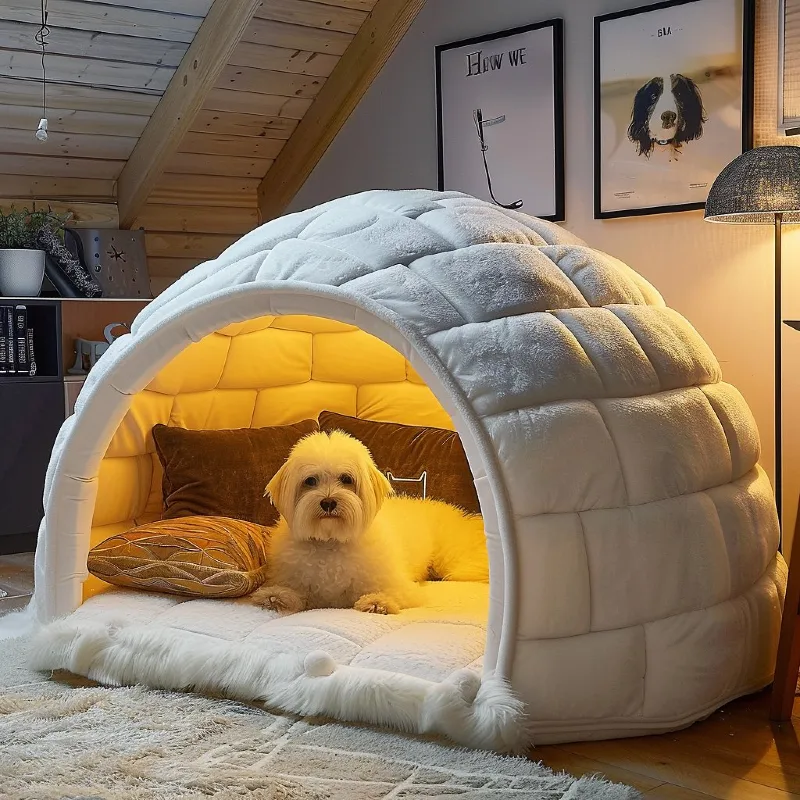 Plush Tufted Igloo Shelter with Warm Interior Lighting