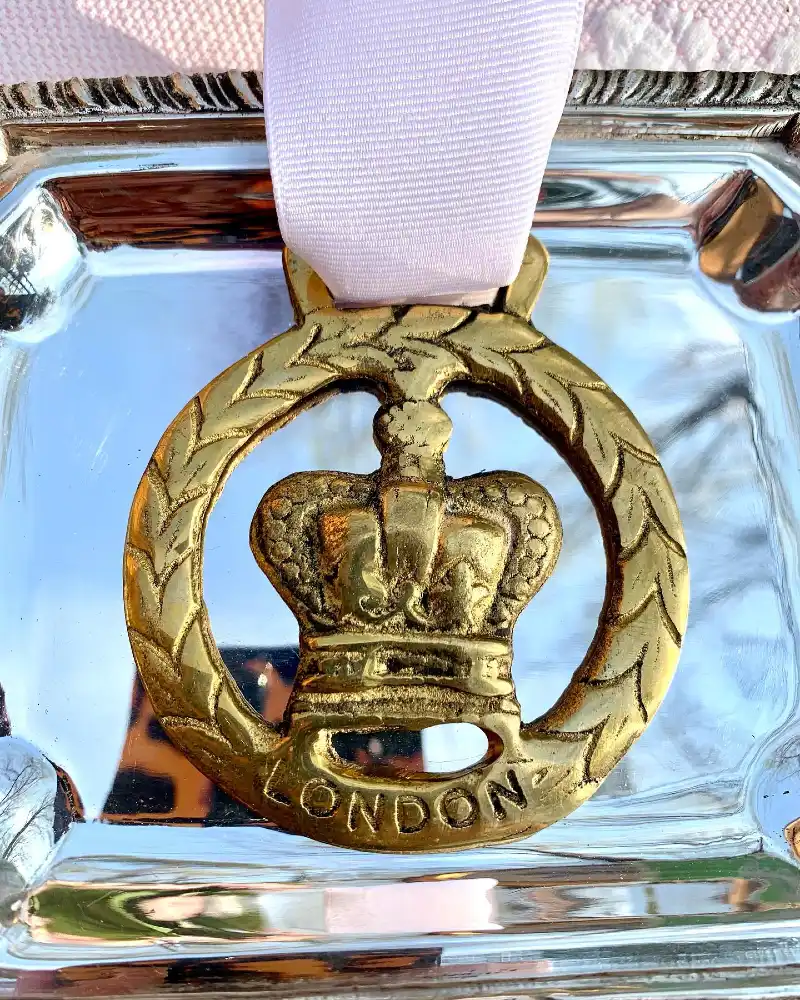 Polished Brass Crown Medallion with Laurel Wreath Frame and Grosgrain Ribbon