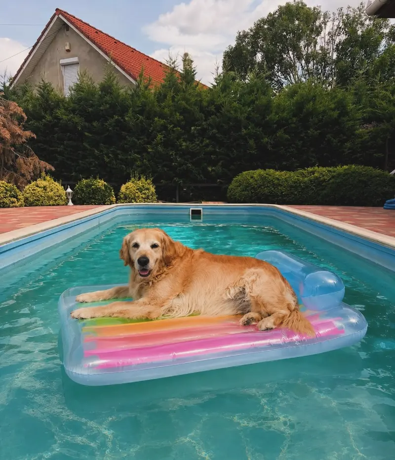 Rainbow Inflatable Raft in a Large Turquoise In-Ground Swimming Pool