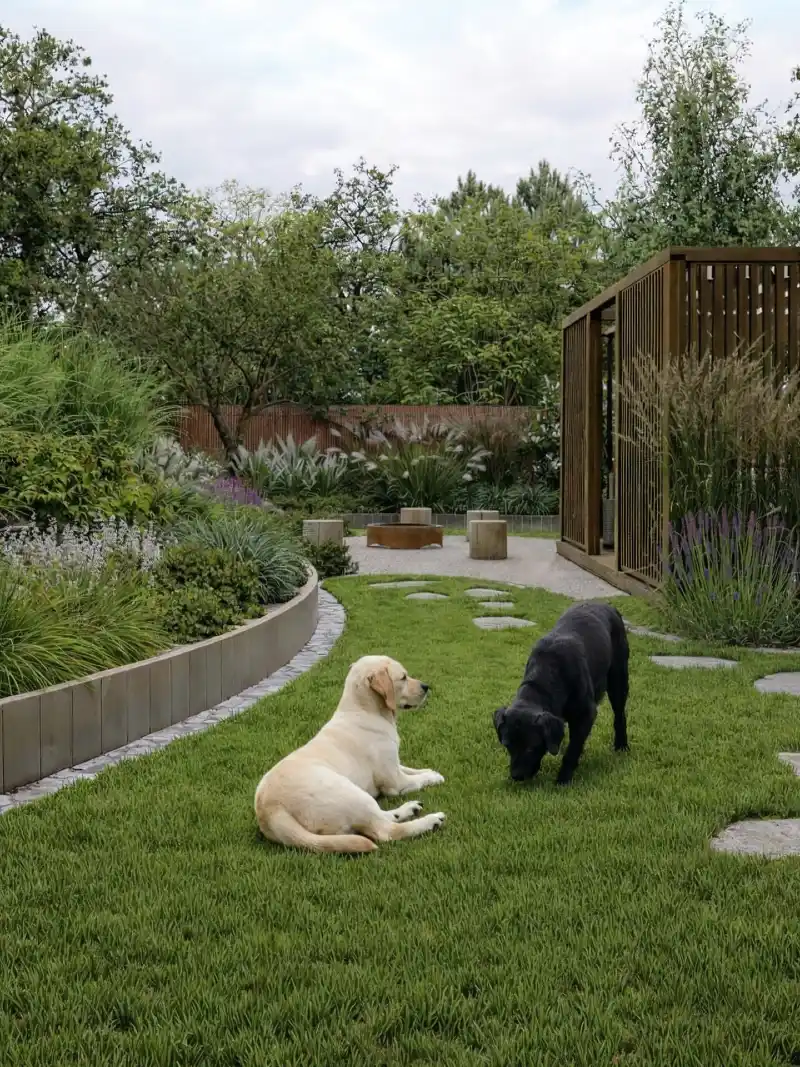 Raised Wooden Edging with Dense Green Turf and Safe Ornamental Grasses