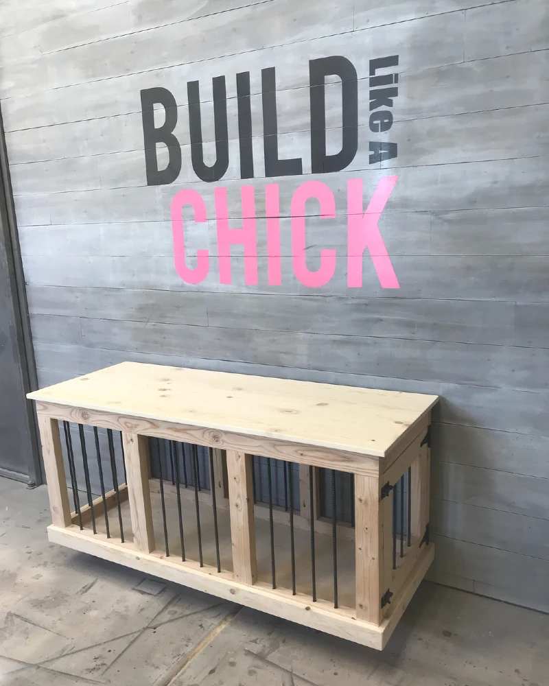 Raw Pine Double Credenza Crate with Textured Black Rebar Spindles
