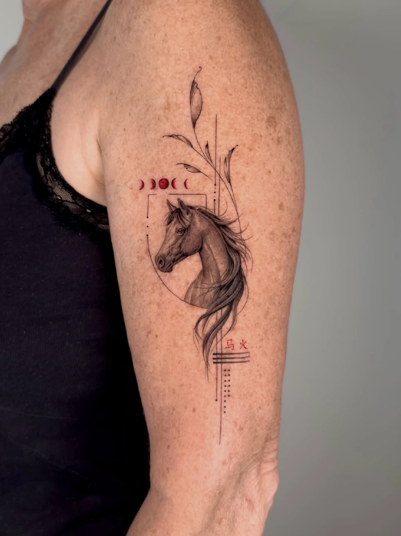Realism Horse Portrait with Red Moon Phases and Abstract Geometric Accents