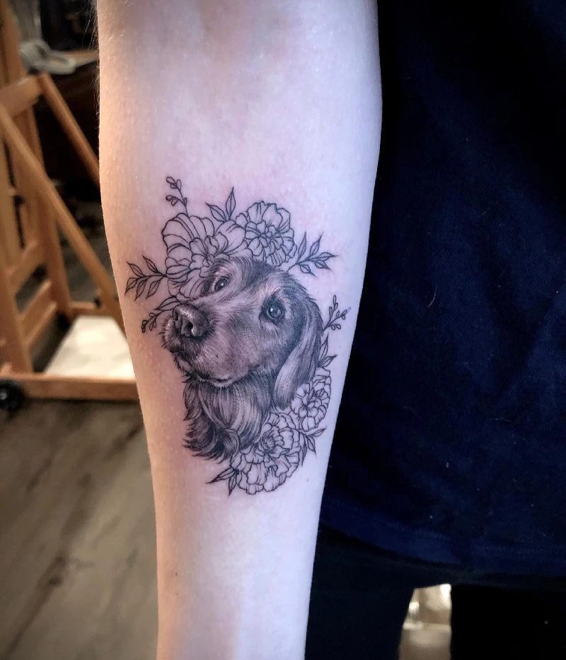 Realistic dog portrait wrapped in detailed flowers