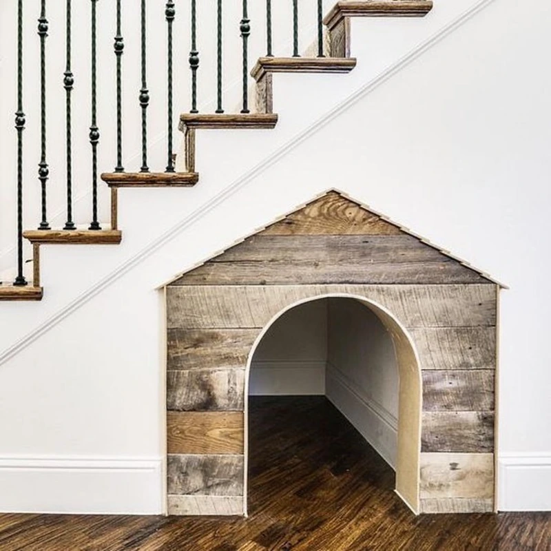 Reclaimed Wood Under-Stairs Dog House Facade with Arched Doorway