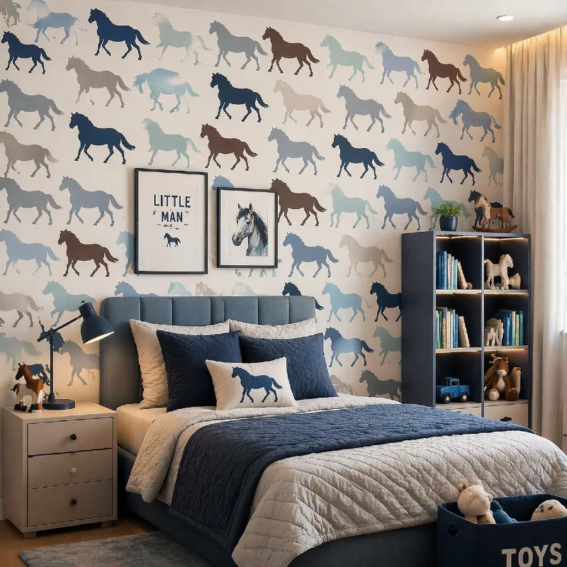 Repeating Horse Silhouette Wallpaper with Deep Slate Blue Upholstered Bed
