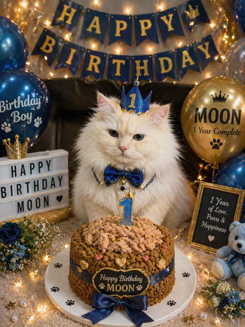 Ribbon-Wrapped Kibble Cake with Navy Blue Bow Tie and Fairy Light Background