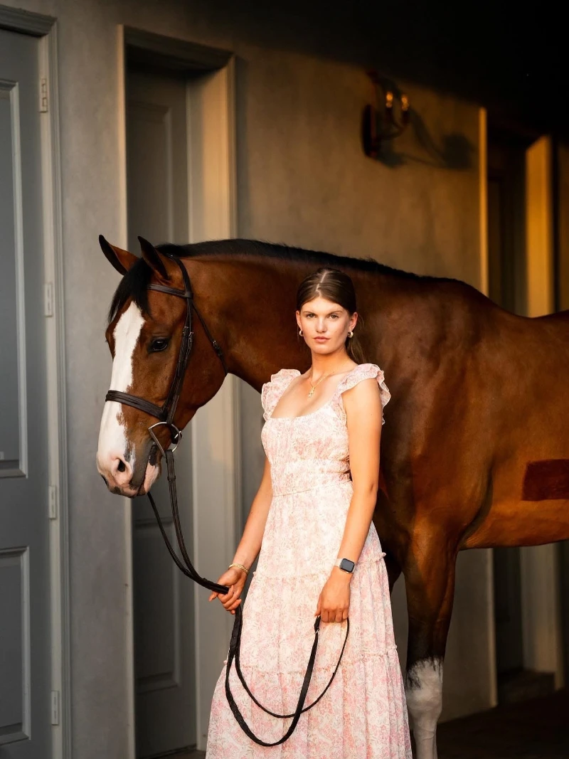 Ruffled Floral Midi Dress and Leather Bridle with a Blazed Bay Horse