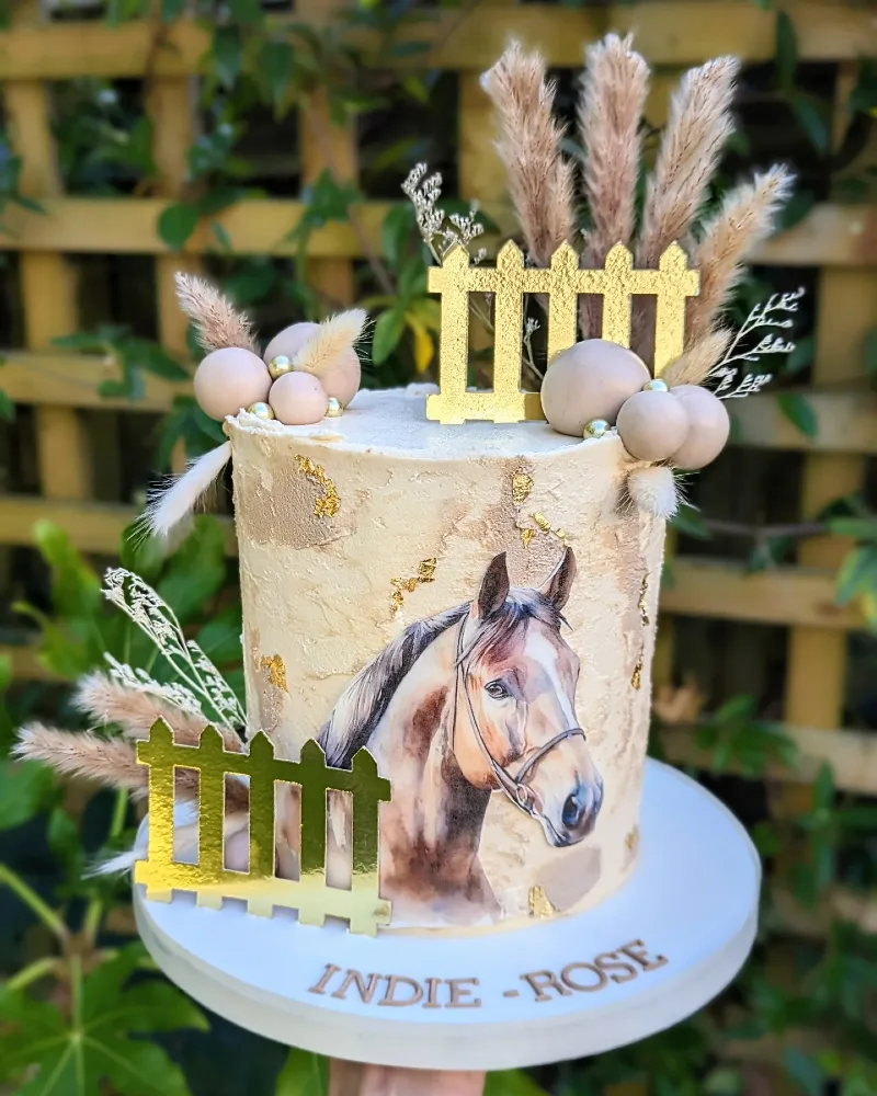 Rustic Bohemian Painted Cake with Golden Fences and Pampas Grass