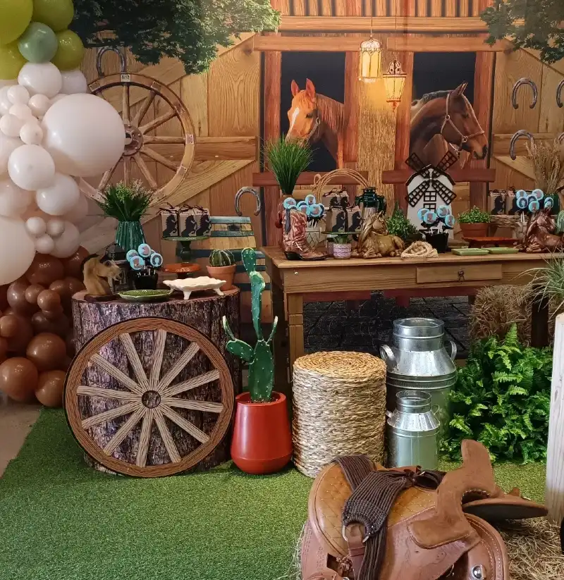 Rustic Stable Yard Scene with Genuine Leather Saddle and Galvanized Metal Milk Cans