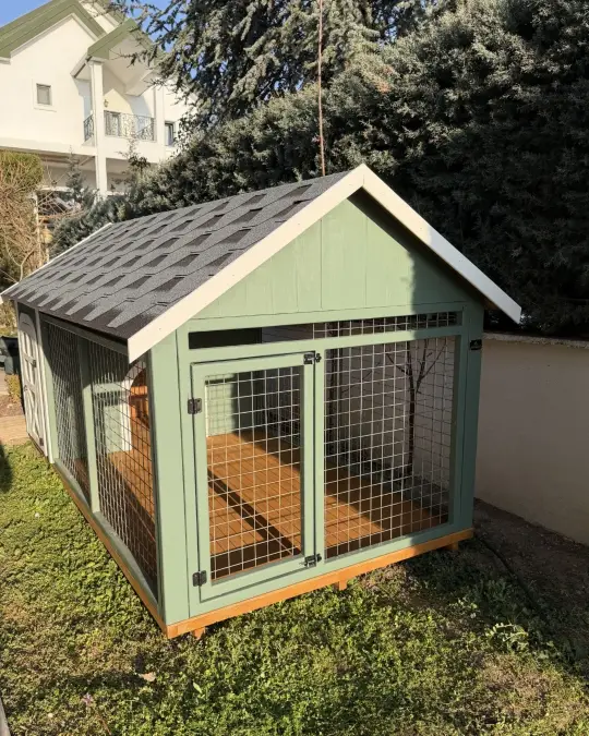 Sage Green Painted Kennel With Wire Run