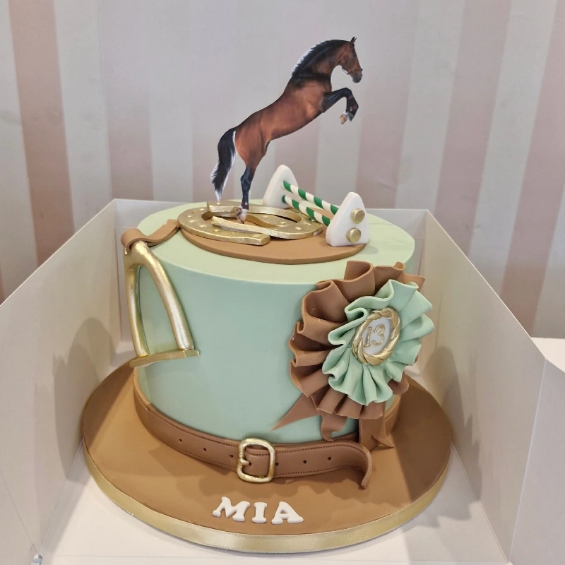 Sage Green Show Jumping Cake with Fondant Leather Girth and Ruffled Rosette