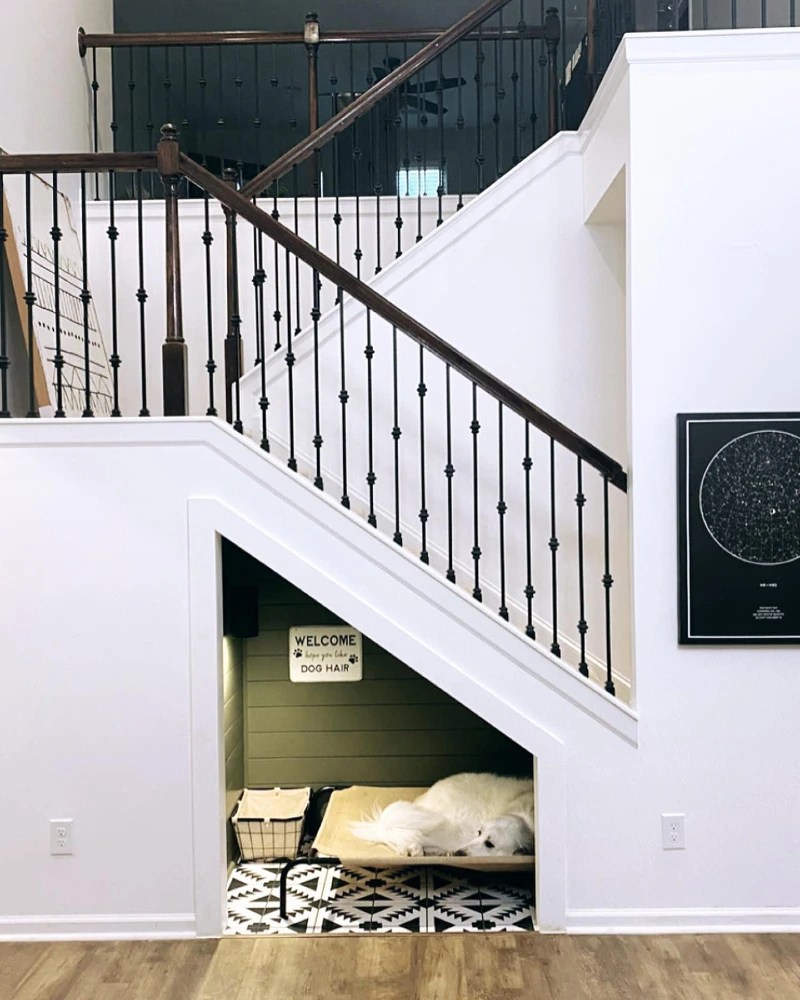 Sage Green Under-Stairs Dog Den with Black and White Geometric Tile