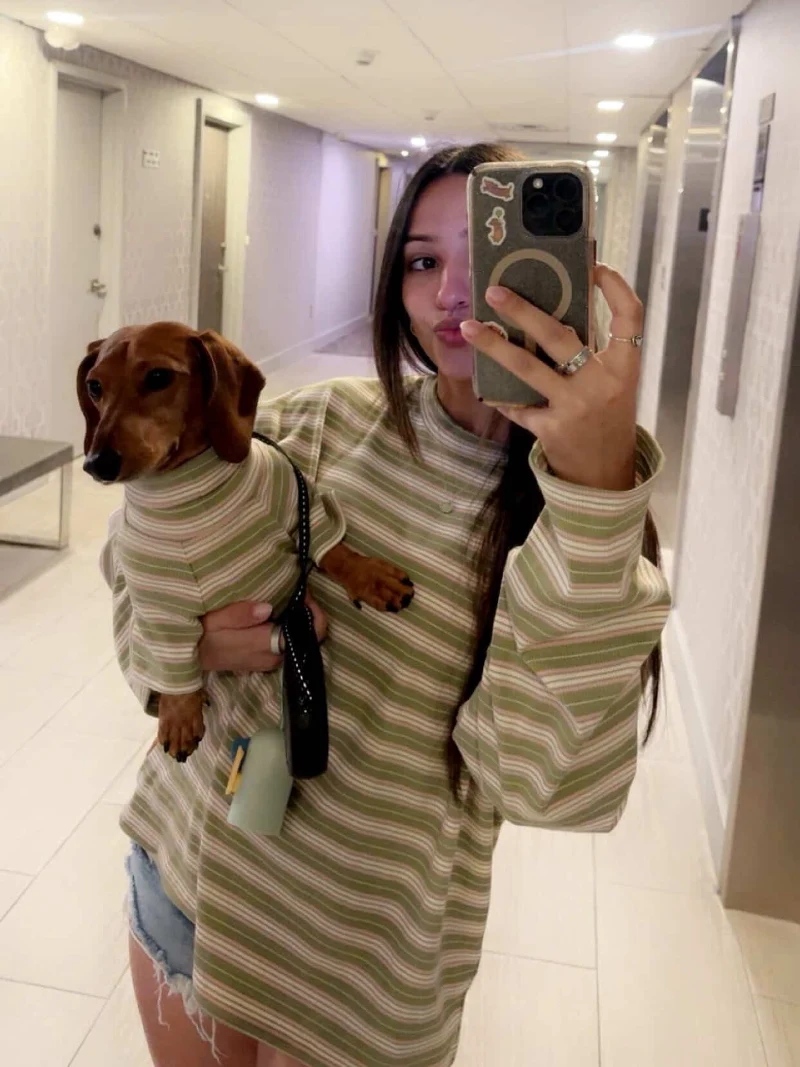Sage Green and Pink Striped Turtlenecks on a Woman and Her Smooth Dachshund