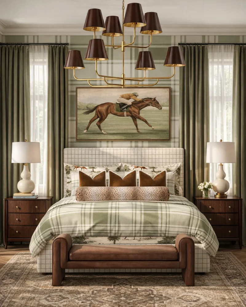 Sage Plaid Feature Wall with Brass Chandelier, Jocky Painting, and Leather Bench