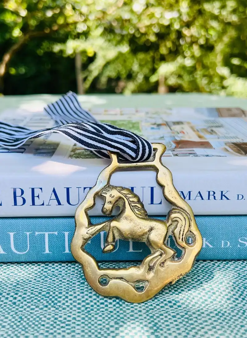 Scalloped Brass Horse Medallion with Striped Grosgrain Ribbon