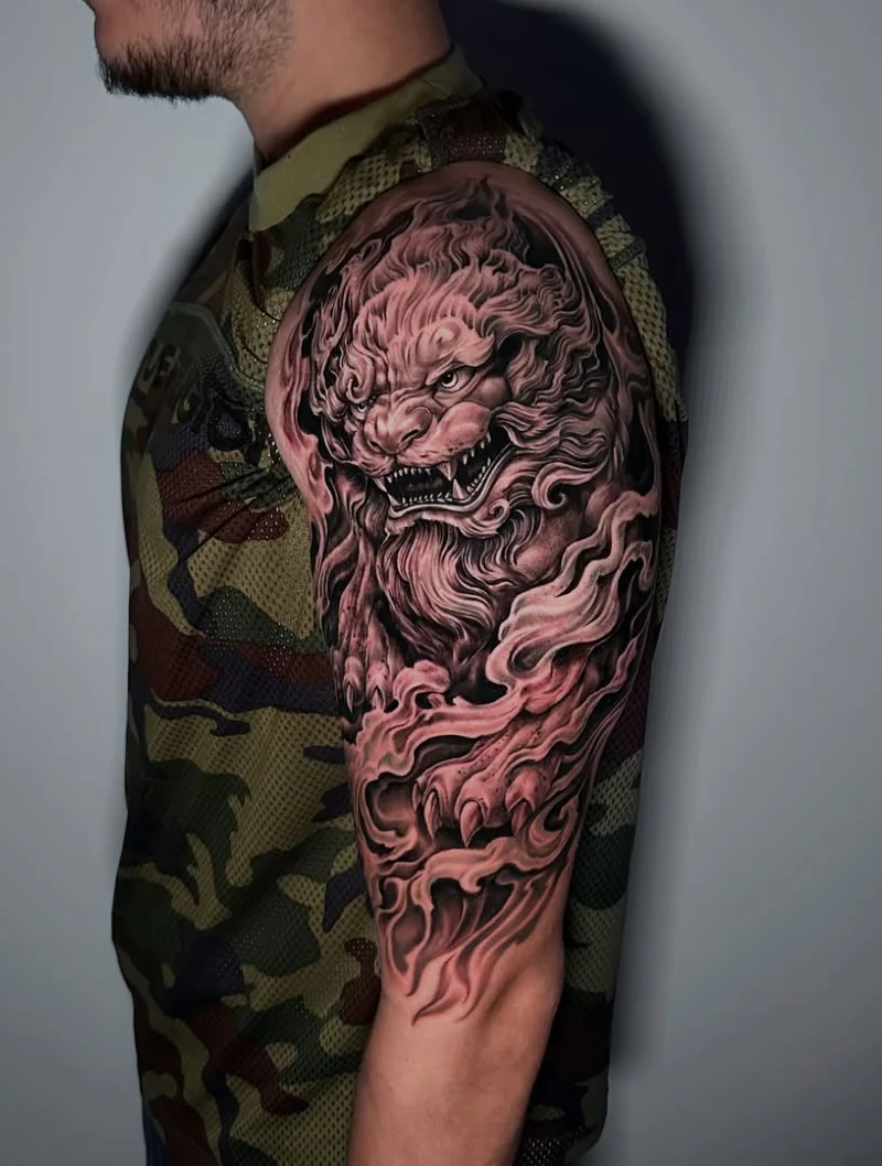 Sculpted Deltoid Foo Dog with Swirling Flame Background