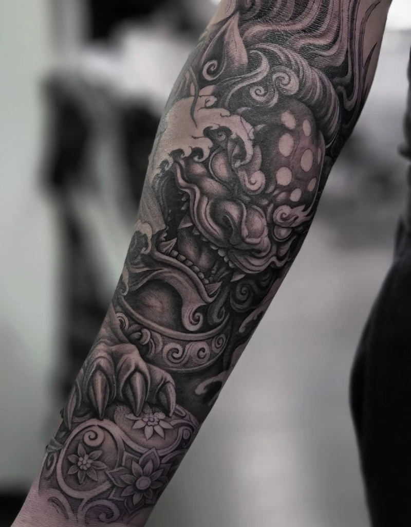 Shaded Forearm Sleeve Foo Dog with Floral Globe