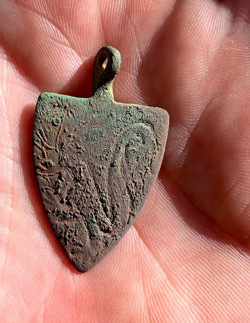 Shield-Shaped Bronze Harness Pendant with Verdigris Patina