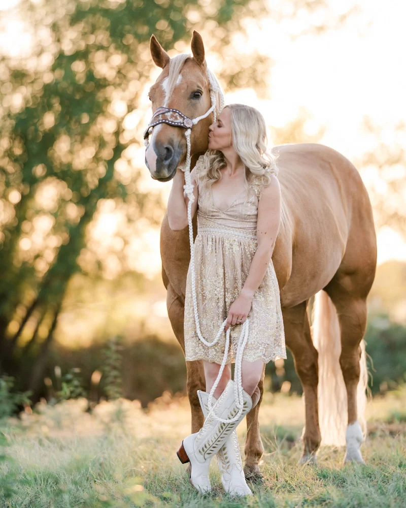 Shimmering Gold Dress and Embroidered White Boots with a Palomino Horse