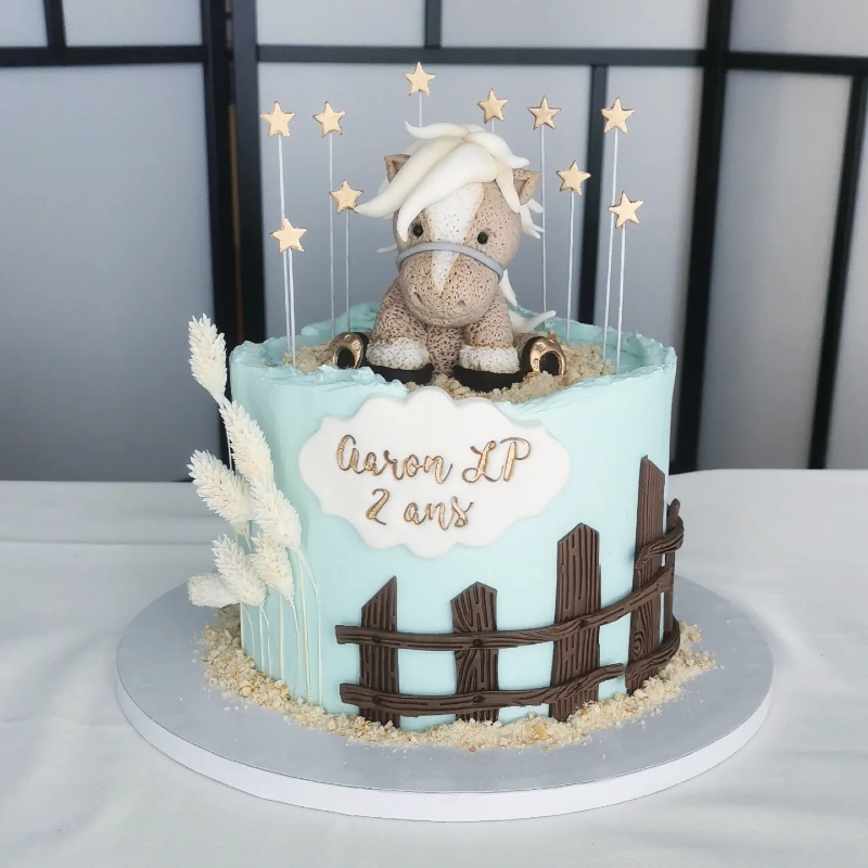Sky Blue Toddler Cake with Textured Wooden Fence and Plush-Look Pony Topper