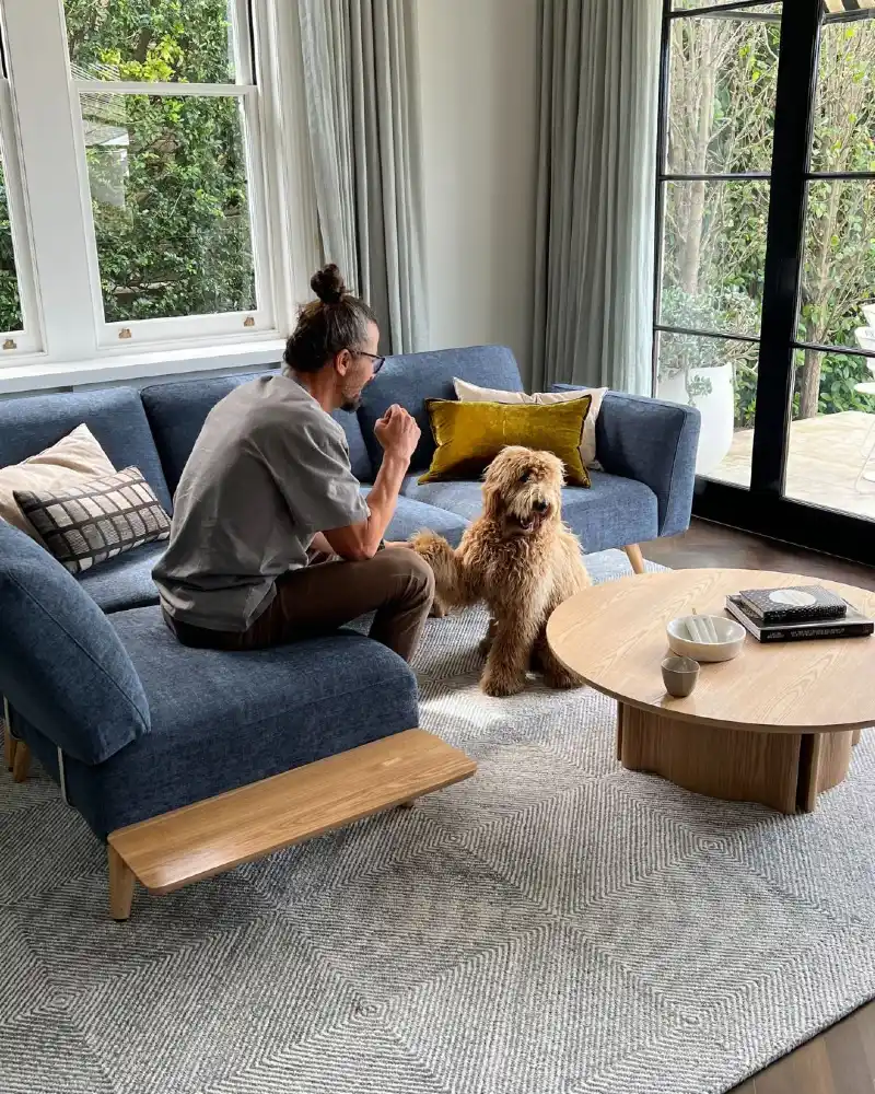 Slate Blue Modular Sofa with Geometric Wool Rug and Oak Coffee Table
