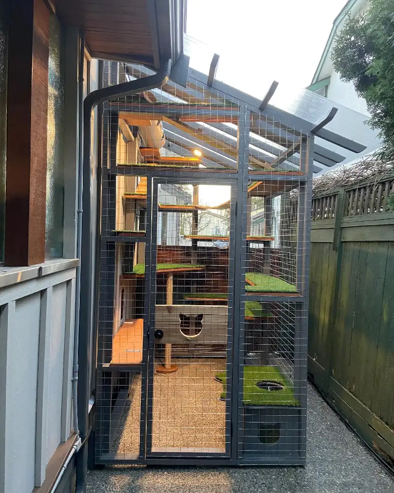 Slate Grey Sloped Enclosure with Faux-Grass Perches and Cat-Head Cutout Panel