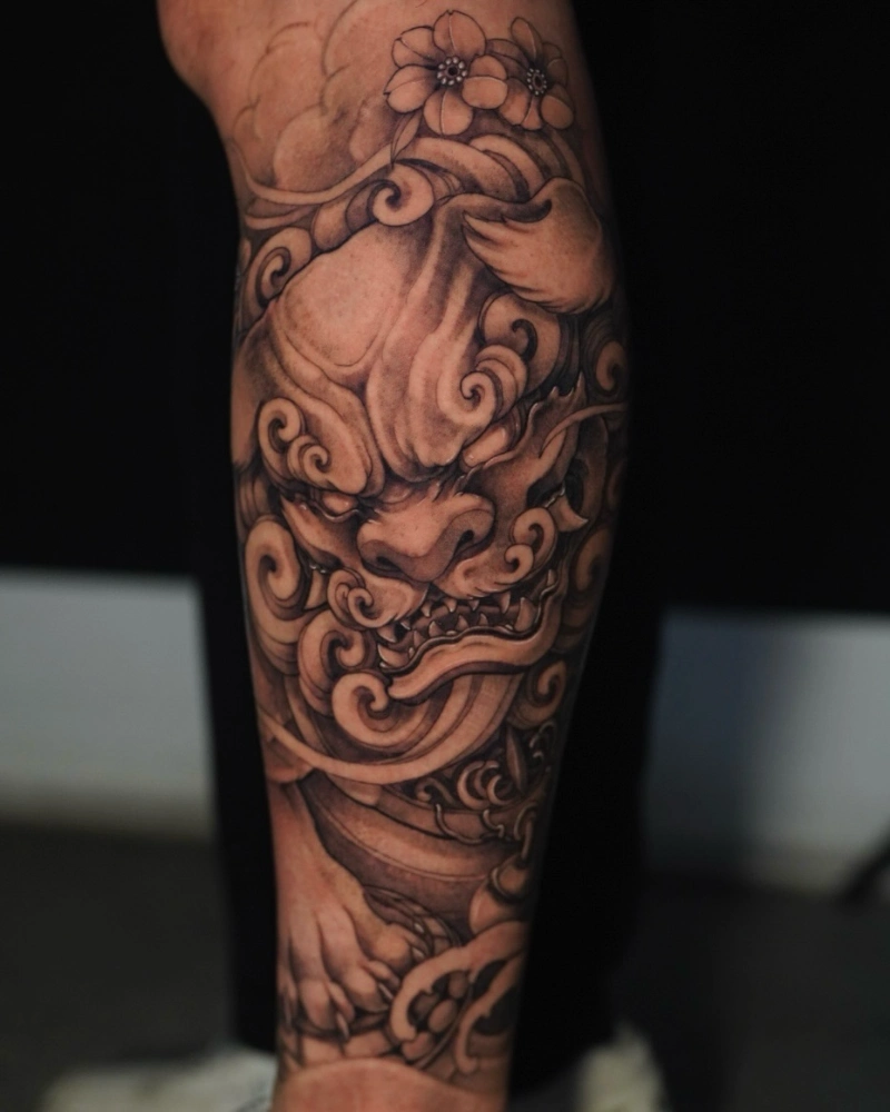 Soft Grey Wash Forearm Foo Dog with Cherry Blossom Accents