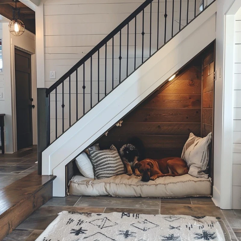 Stained Wood Shiplap Alcove with Tufted Linen Floor Mattress and Black Metal Balusters
