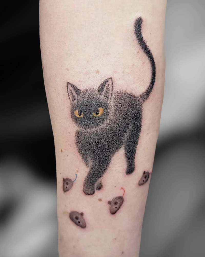 Stippled Smoky Feline Prowling with Miniature Toy Mice
