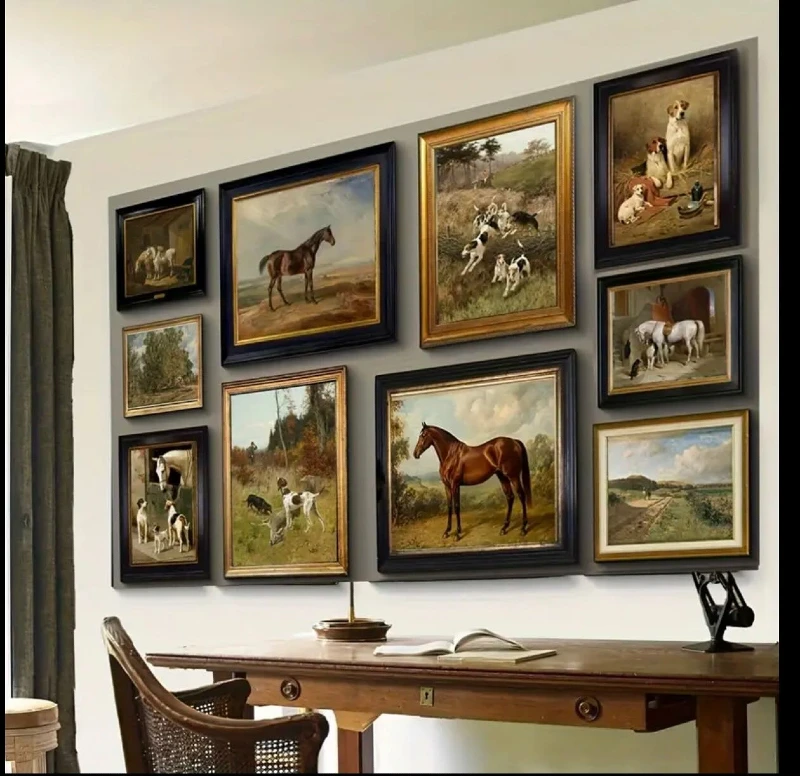 Structured Grid Gallery Wall with Dark Trims and Warm Oil Paintings
