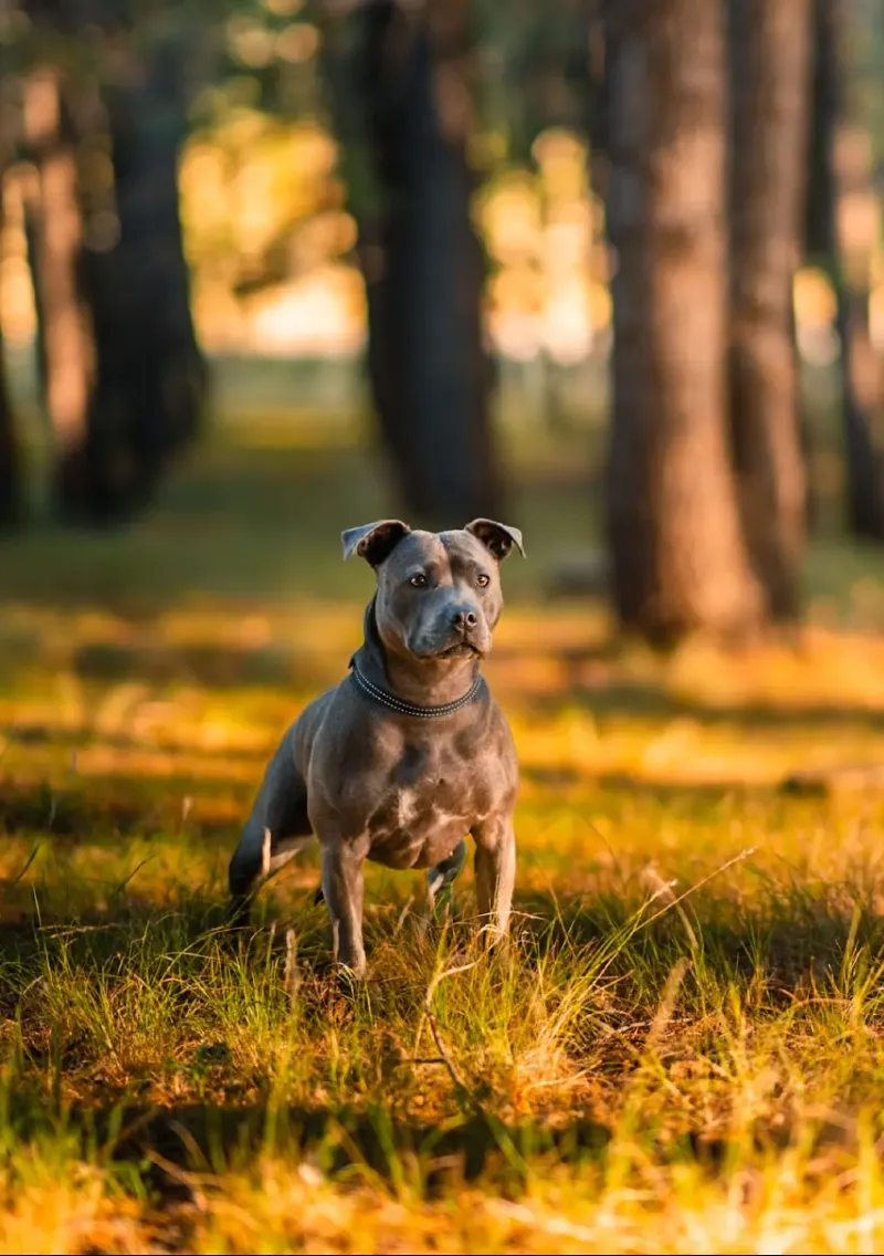 Studded Dark Leather Collar on a Blue Staffordshire Bull Terrier in Sunlit Woods